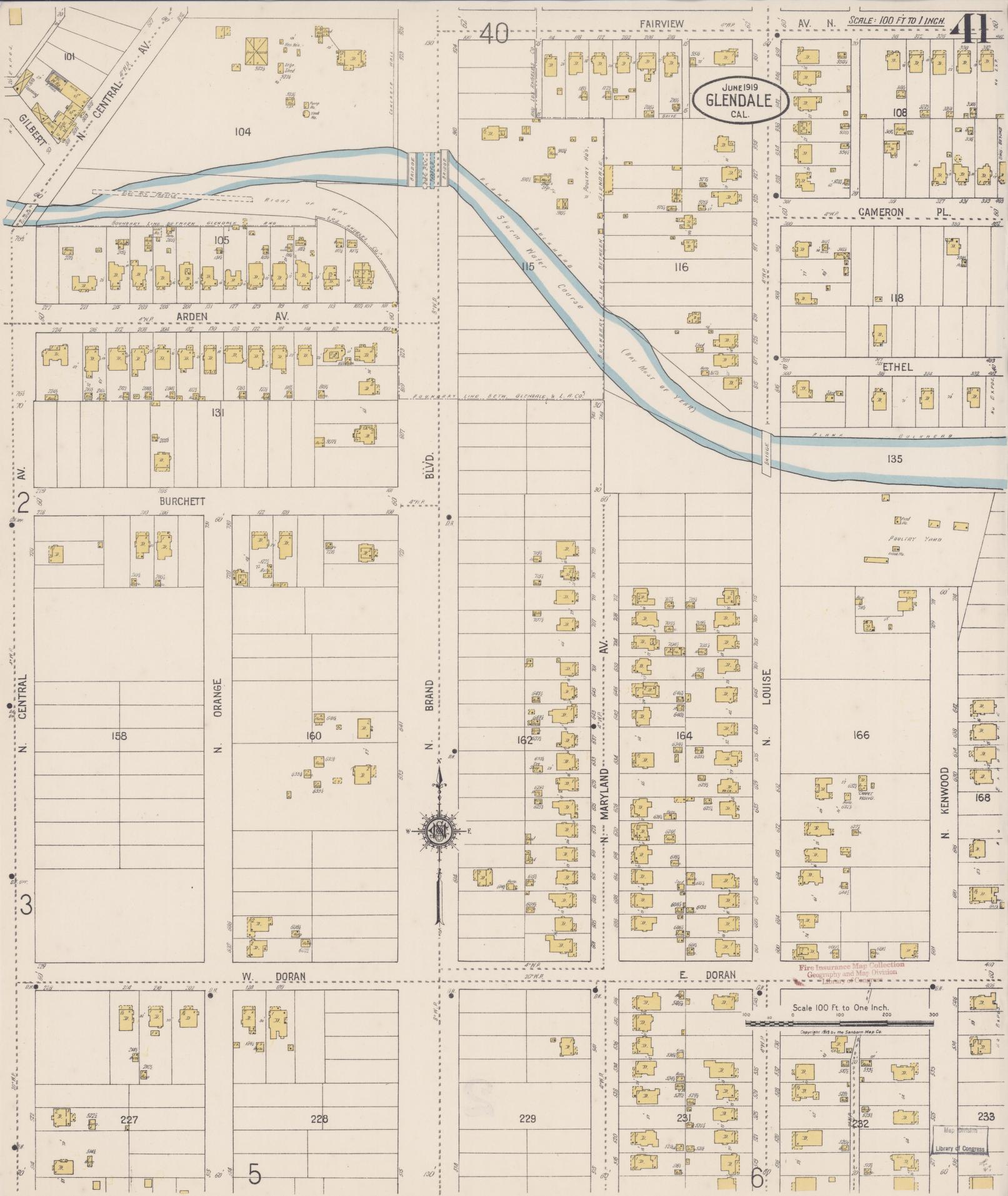 Sanborn Fire Insurance Map from Glendale, Los Angeles County, California (1919), Sheet #0041 - Historic Sanborn Fire Insurance Map Print, vintage old map wall art, antique decor, genealogy gift, California California map