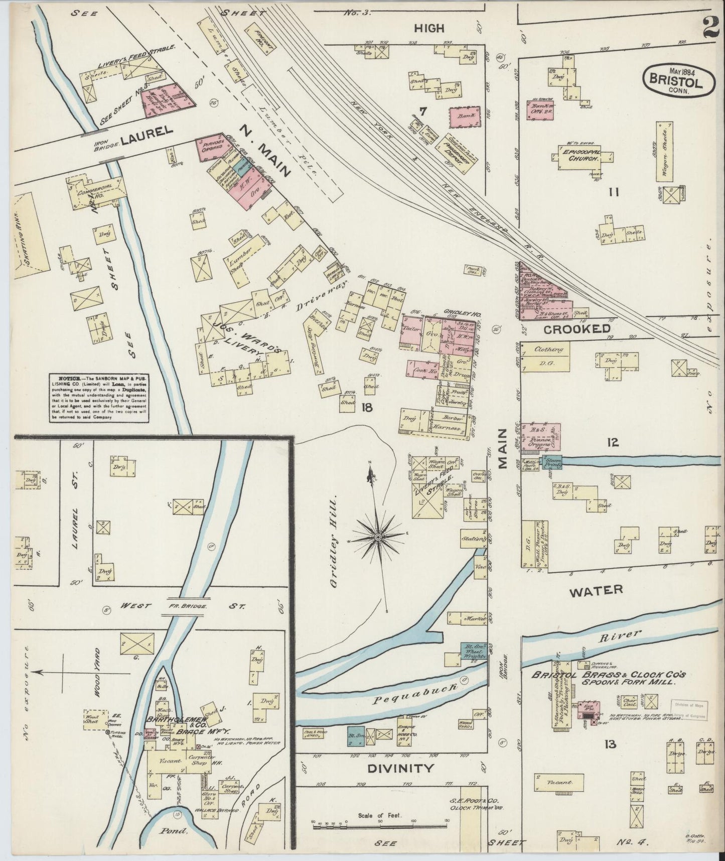 Sanborn Fire Insurance Map from Bristol, Hartford County, Connecticut (1884), Sheet #0002 - Complete Map Set gallery image, historic Sanborn map, vintage wall art, Connecticut Connecticut