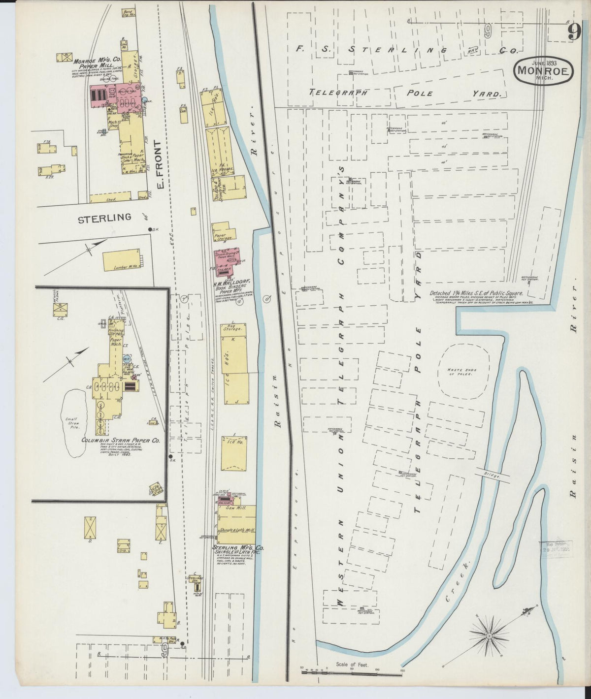 Sanborn Fire Insurance Map from Monroe, Monroe County, Michigan (1893), Sheet #0009 - Historic Sanborn Fire Insurance Map Print, vintage old map wall art, antique decor, genealogy gift, Michigan Michigan map