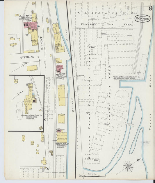 Sanborn Fire Insurance Map from Monroe, Monroe County, Michigan (1893), Sheet #0009 - Historic Sanborn Fire Insurance Map Print, vintage old map wall art, antique decor, genealogy gift, Michigan Michigan map