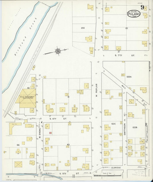 Sanborn Fire Insurance Map from Pulaski, Giles County, Tennessee (1916), Sheet #0009 - Historic Sanborn Fire Insurance Map Print, vintage old map wall art, antique decor, genealogy gift, Tennessee Tennessee map