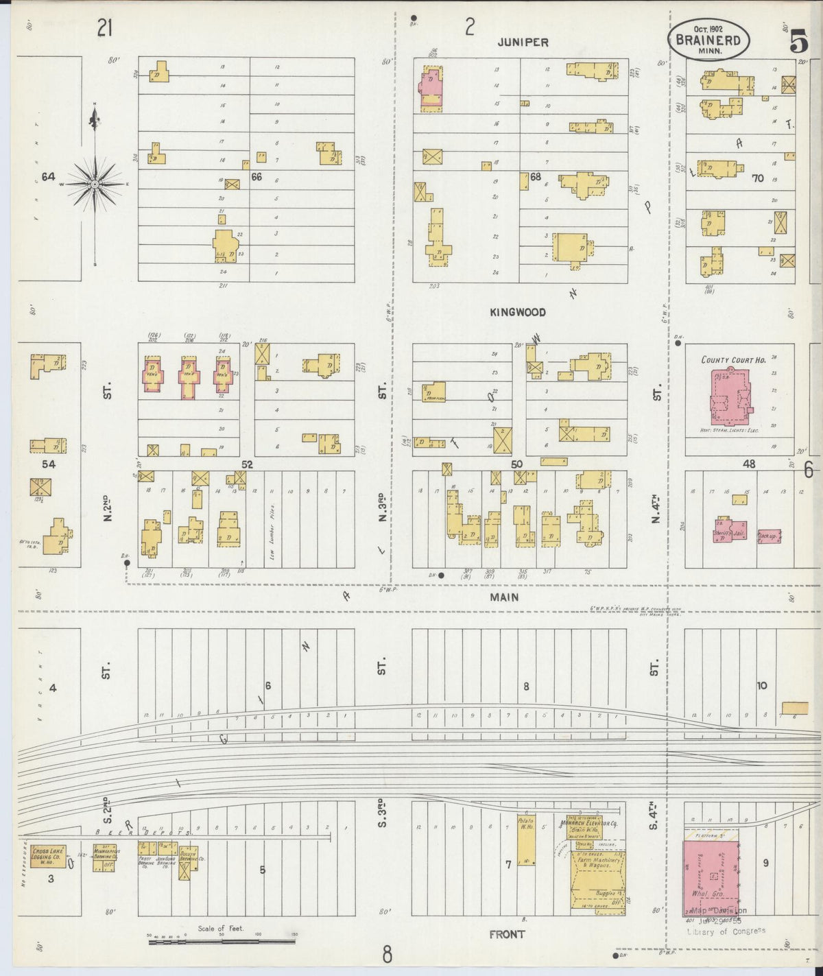Sanborn Fire Insurance Map from Brainerd, Crow Wing County, Minnesota (1902), Sheet #0005 - Complete Map Set gallery image, historic Sanborn map, vintage wall art, Minnesota Minnesota