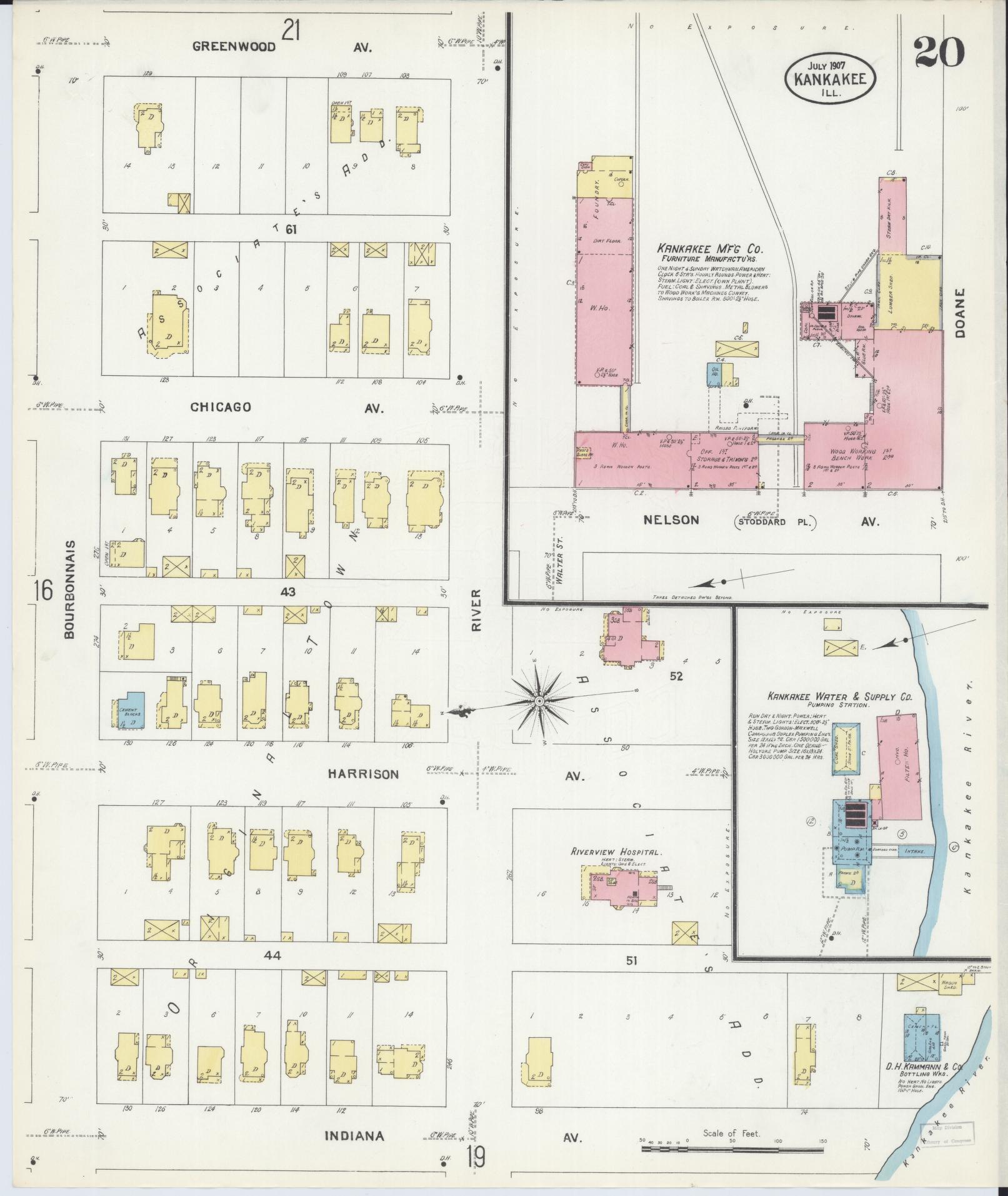 Sanborn Fire Insurance Map from Kankakee, Kankakee County, Illinois (1907), Sheet #0020 - Historic Sanborn Fire Insurance Map Print, vintage old map wall art, antique decor, genealogy gift, Illinois Illinois map