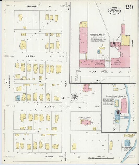 Sanborn Fire Insurance Map from Kankakee, Kankakee County, Illinois (1907), Sheet #0020 - Historic Sanborn Fire Insurance Map Print, vintage old map wall art, antique decor, genealogy gift, Illinois Illinois map