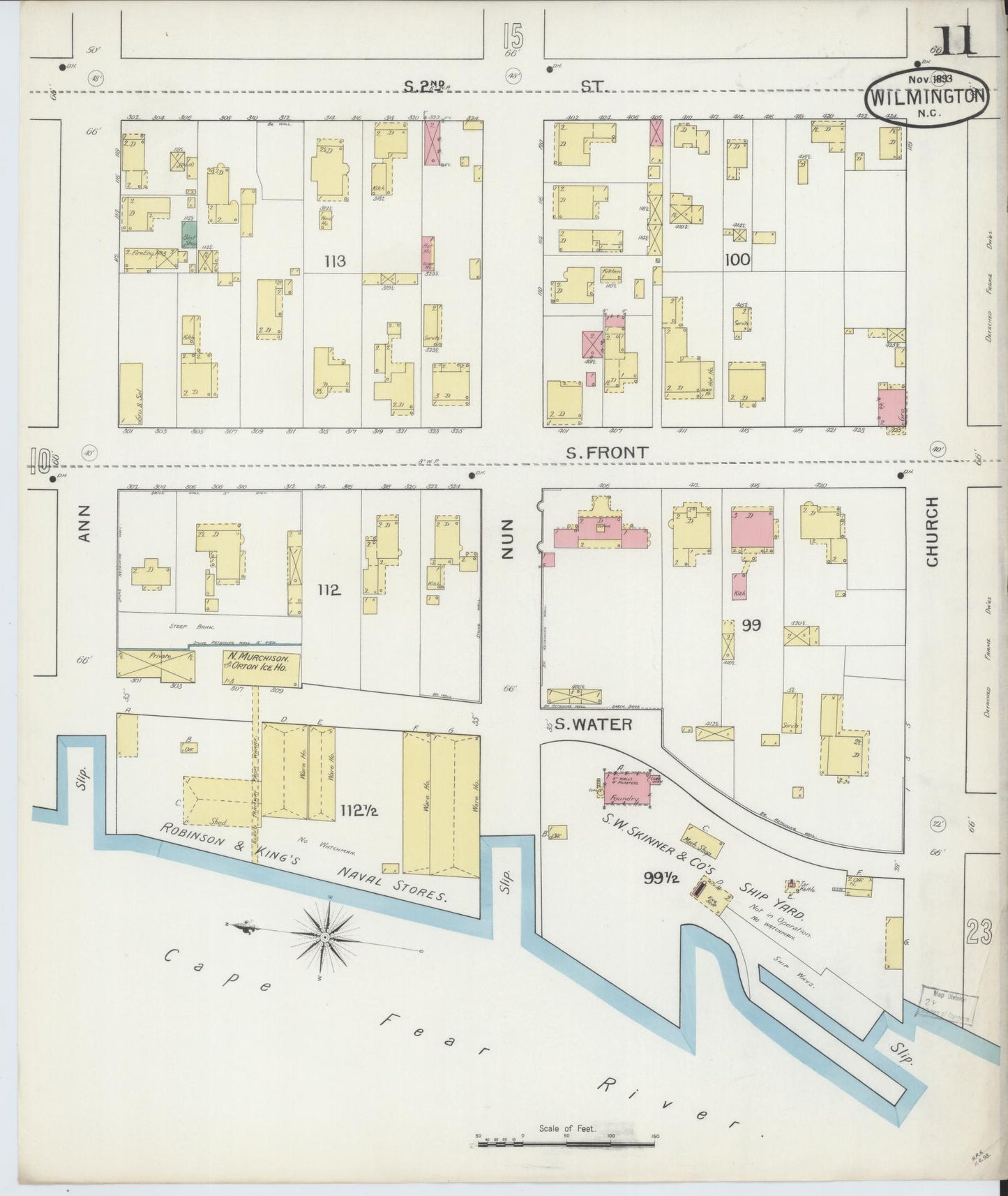 Sanborn Fire Insurance Map from Wilmington, New Hanover County, North Carolina (1893), Sheet #0011 - Historic Sanborn Fire Insurance Map Print, vintage old map wall art, antique decor, genealogy gift, North Carolina North Carolina map