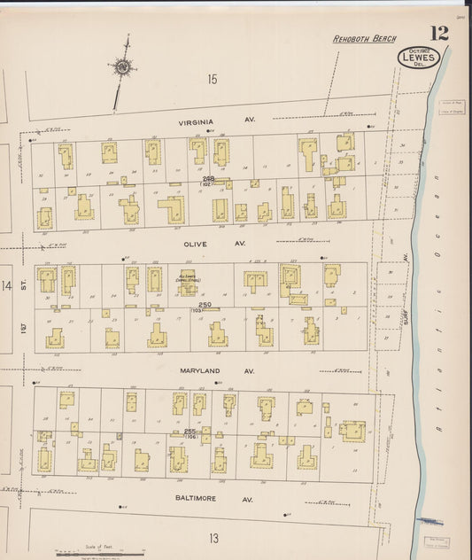 Sanborn Fire Insurance Map from Lewes, Sussex County, Delaware (1922), Sheet #0012 - Historic Sanborn Fire Insurance Map Print, vintage old map wall art, antique decor, genealogy gift, Delaware Delaware map
