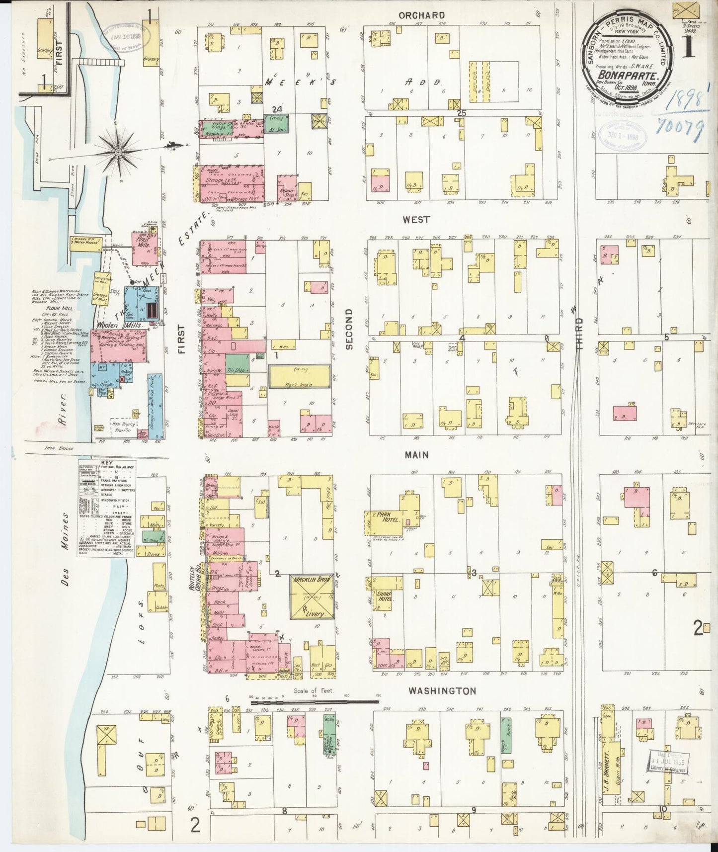 Sanborn Fire Insurance Map from Bonaparte, Van Buren County, Iowa (1898), Sheet #0001 - Historic Sanborn Fire Insurance Map Print, vintage old map wall art