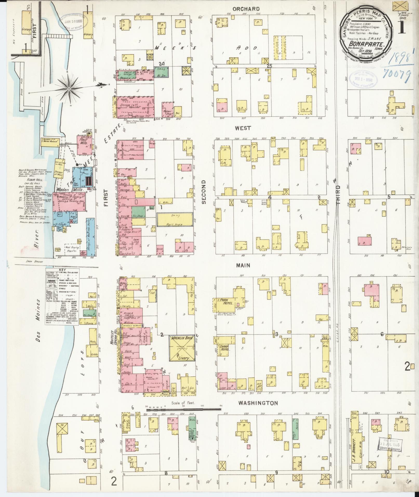 Sanborn Fire Insurance Map from Bonaparte, Van Buren County, Iowa (1898), Sheet #0001 - Historic Sanborn Fire Insurance Map Print, vintage old map wall art