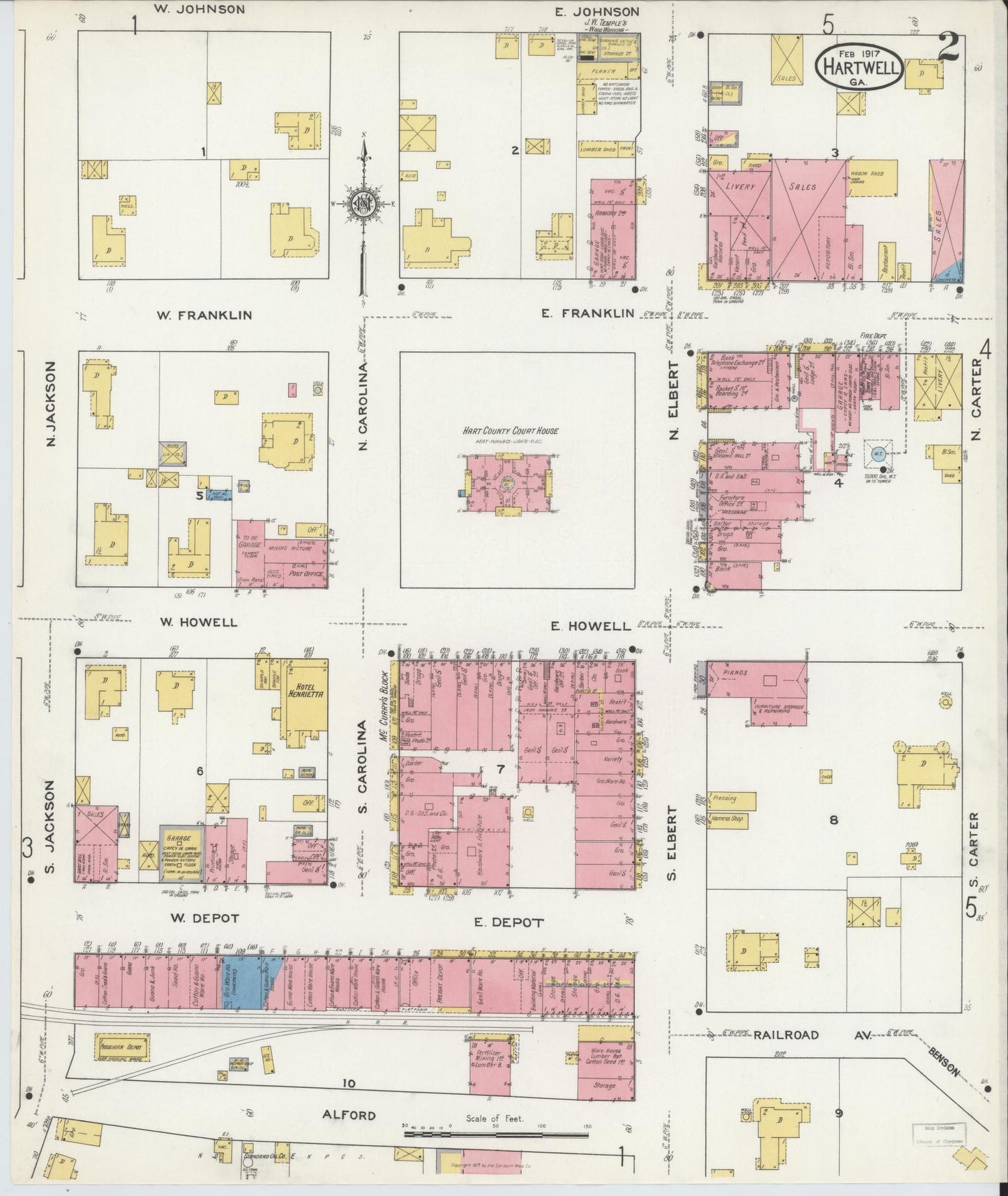 Sanborn Fire Insurance Map from Hartwell, Hart County, Georgia (1917), Sheet #0002 - Complete Map Set gallery image, historic Sanborn map, vintage wall art, Georgia Georgia