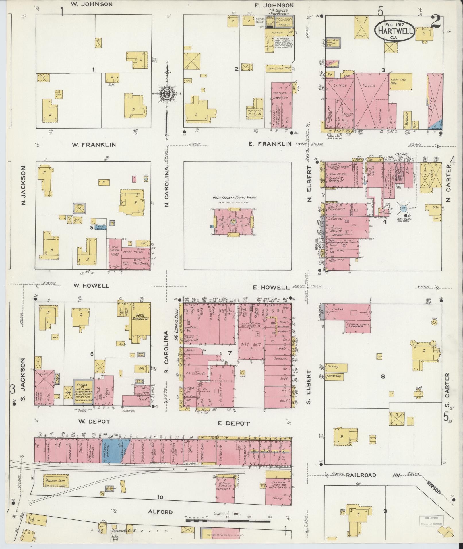 Sanborn Fire Insurance Map from Hartwell, Hart County, Georgia (1917), Sheet #0002 - Complete Map Set gallery image, historic Sanborn map, vintage wall art, Georgia Georgia