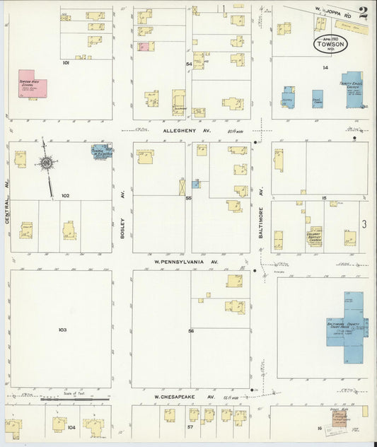 Sanborn Fire Insurance Map from Towson, Baltimore County, Maryland (1910), Sheet #0002 - Historic Sanborn Fire Insurance Map Print, vintage old map wall art