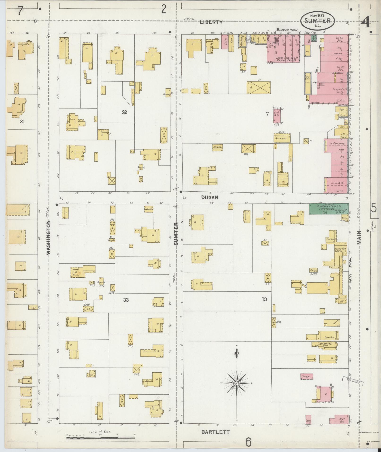 Sanborn Fire Insurance Map from Sumter, Sumter County, South Carolina (1899), Sheet #0004 - Historic Sanborn Fire Insurance Map Print, vintage old map wall art, antique decor, genealogy gift, South Carolina South Carolina map