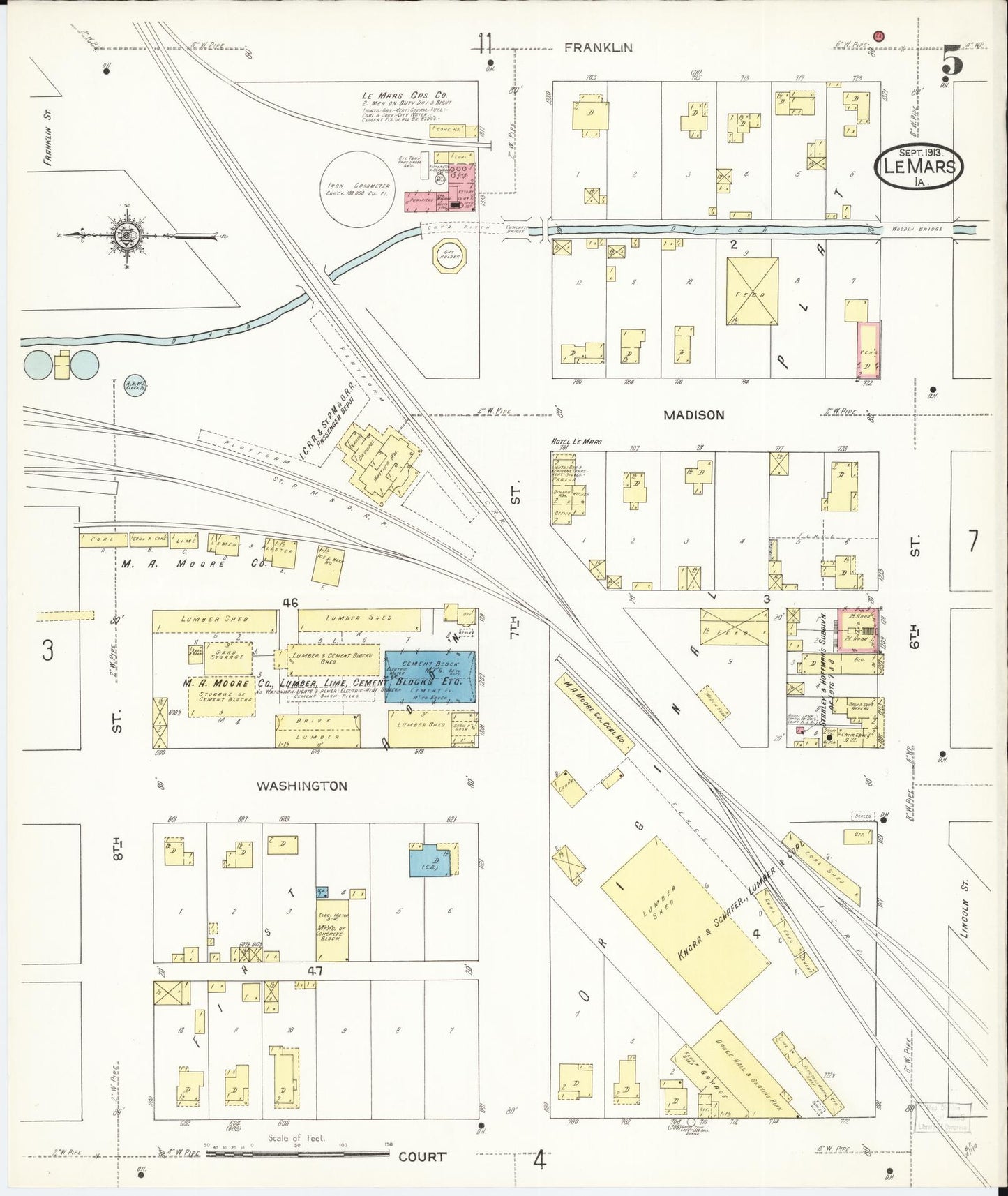 Sanborn Fire Insurance Map from Le Mars, Plymouth County, Iowa (1913), Sheet #0005 - Historic Sanborn Fire Insurance Map Print, vintage old map wall art