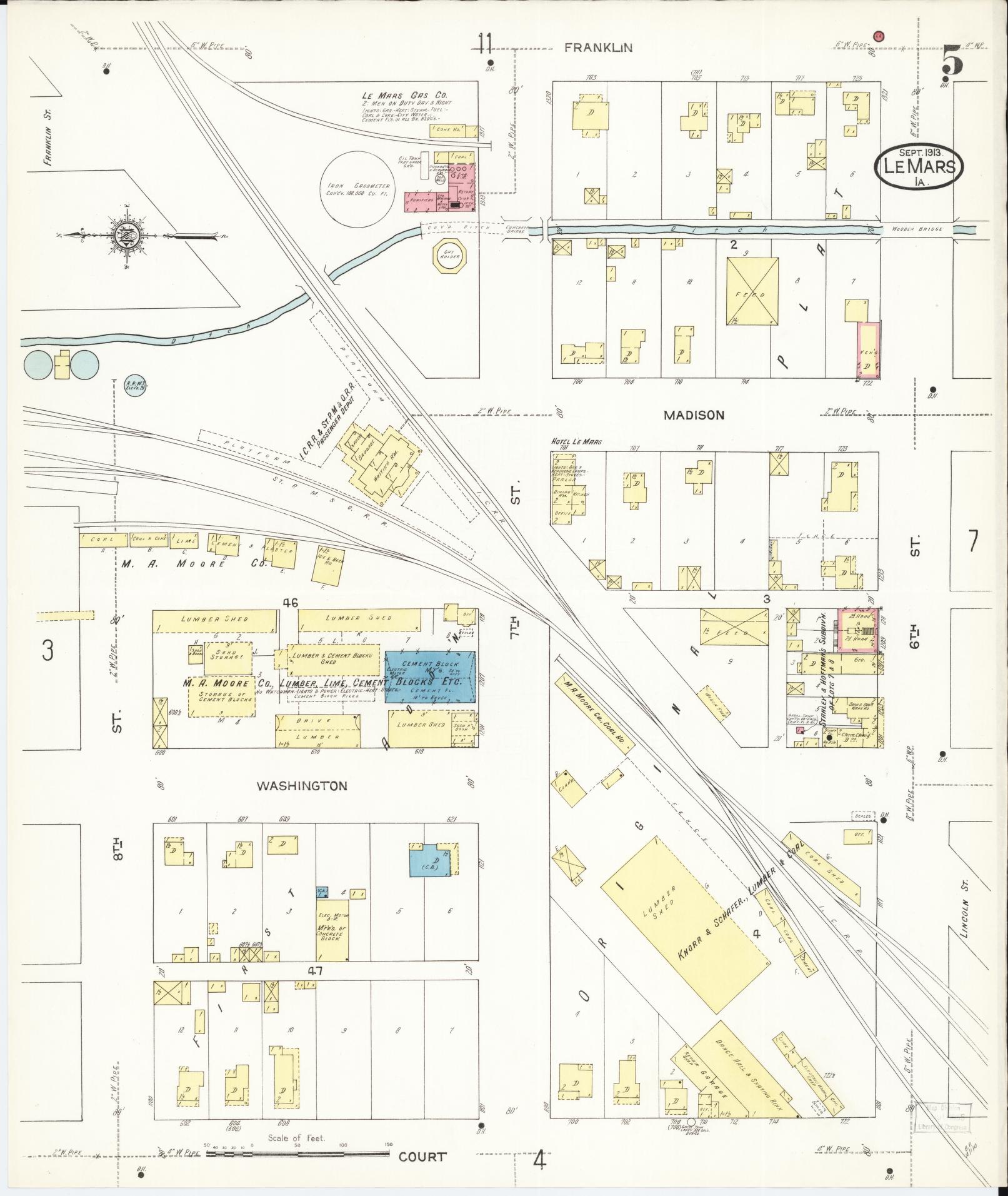 Sanborn Fire Insurance Map from Le Mars, Plymouth County, Iowa (1913), Sheet #0005 - Historic Sanborn Fire Insurance Map Print, vintage old map wall art