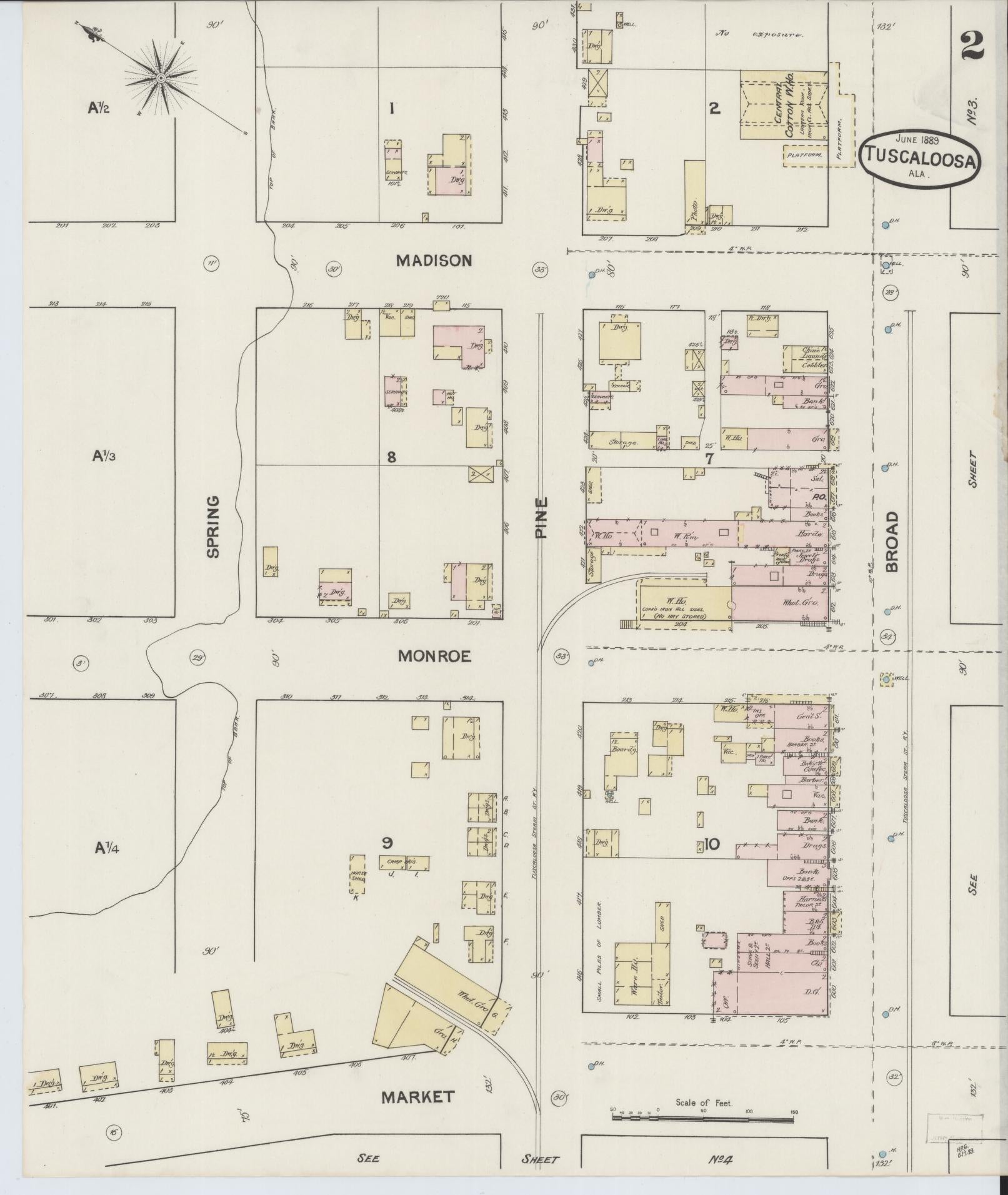 Sanborn Fire Insurance Map from Tuscaloosa, Tuscaloosa County, Alabama (1889), Sheet #0002 - Complete Map Set gallery image, historic Sanborn map, vintage wall art, Alabama Alabama