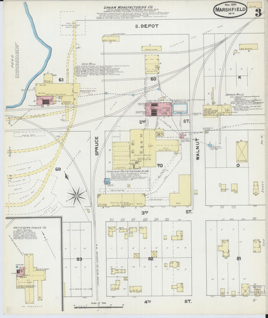 Sanborn Fire Insurance Map from Marshfield, Wood County, Wisconsin (1891), Sheet #0003 - Historic Sanborn Fire Insurance Map Print, vintage old map wall art, antique decor, genealogy gift, Wisconsin Wisconsin map