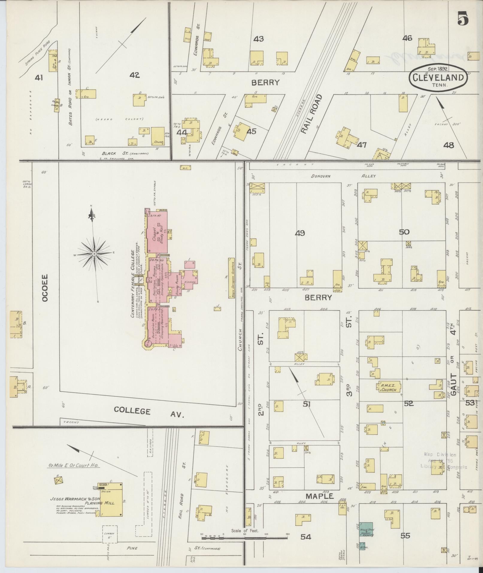 Sanborn Fire Insurance Map from Cleveland, Bradley County, Tennessee (1892), Sheet #0005 - Historic Sanborn Fire Insurance Map Print, vintage old map wall art, antique decor, genealogy gift, Tennessee Tennessee map