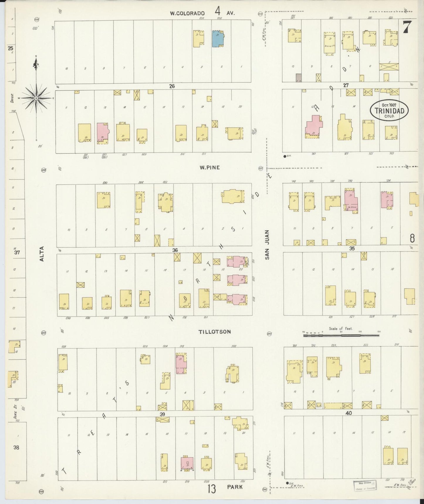 Sanborn Fire Insurance Map from Trinidad, Las Animas County, Colorado (1907), Sheet #0007 - Historic Sanborn Fire Insurance Map Print, vintage old map wall art, antique decor, genealogy gift, Colorado Colorado map