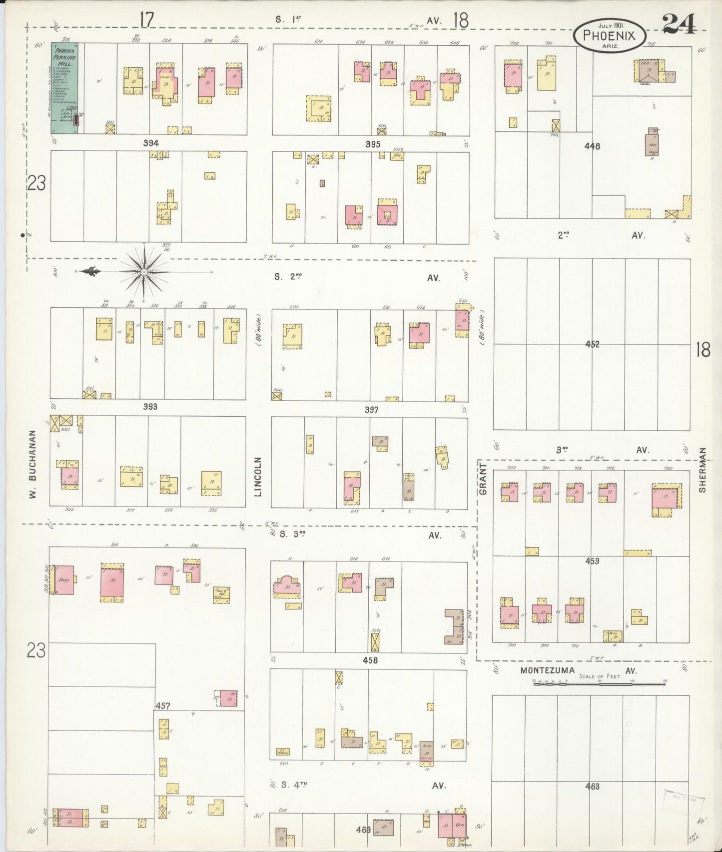 Sanborn Fire Insurance Map from Phoenix, Maricopa County, Arizona (1901), Sheet #0024 - Complete Map Set gallery image, historic Sanborn map, vintage wall art, Arizona Arizona