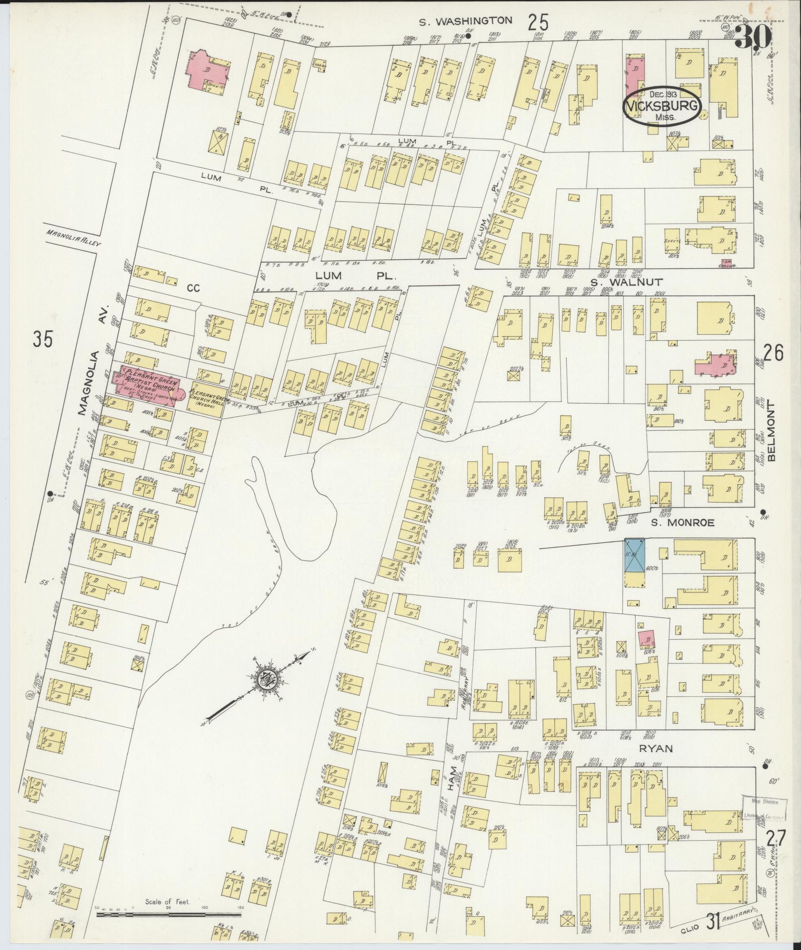 Sanborn Fire Insurance Map from Vicksburg, Warren County, Mississippi (1913), Sheet #0030 - Historic Sanborn Fire Insurance Map Print, vintage old map wall art, antique decor, genealogy gift, Mississippi Mississippi map