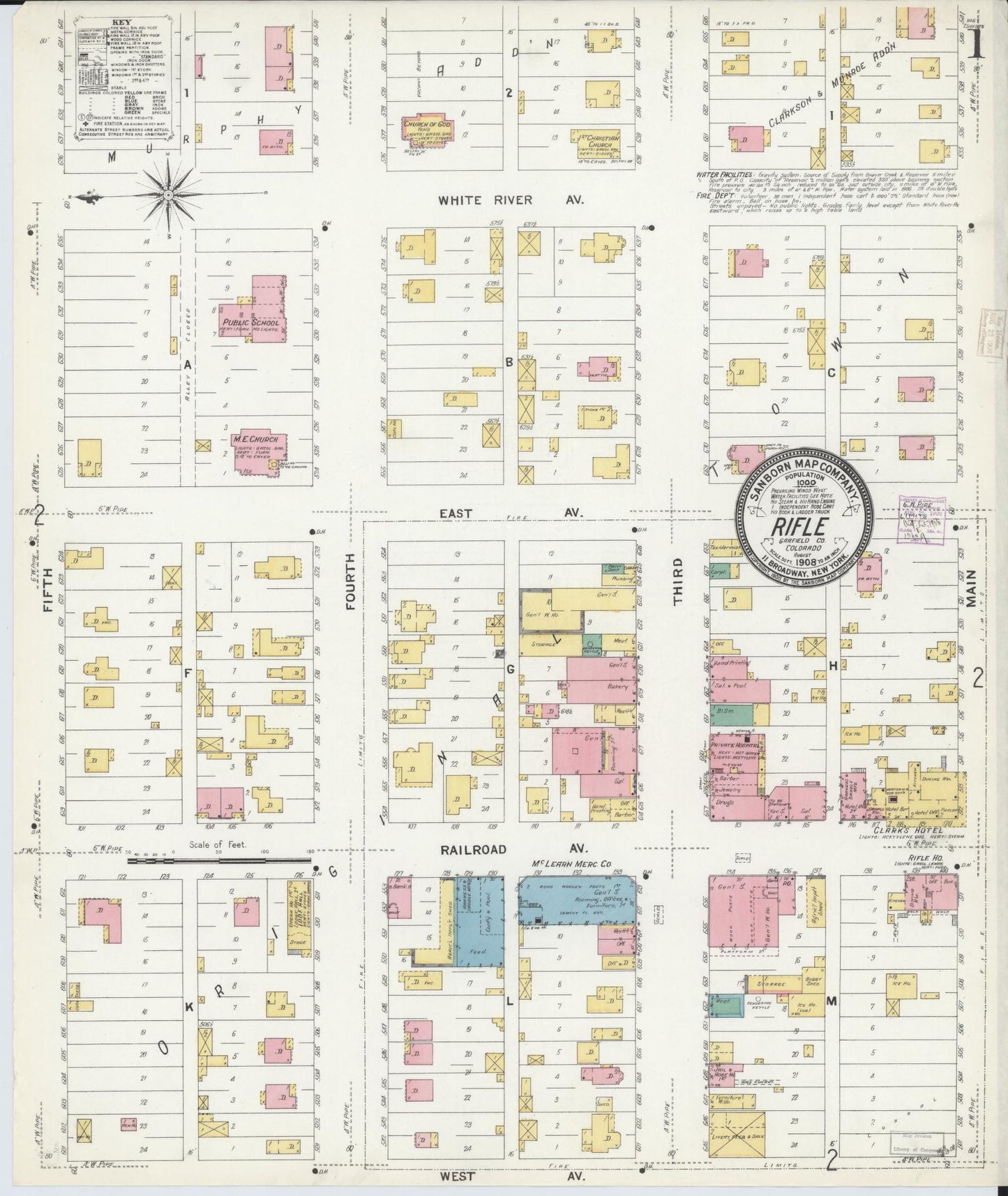Sanborn Fire Insurance Map from Rifle, Garfield County, Colorado (1908), Sheet #0001 - Historic Sanborn Fire Insurance Map Print, vintage old map wall art, antique decor, genealogy gift, Colorado Colorado map