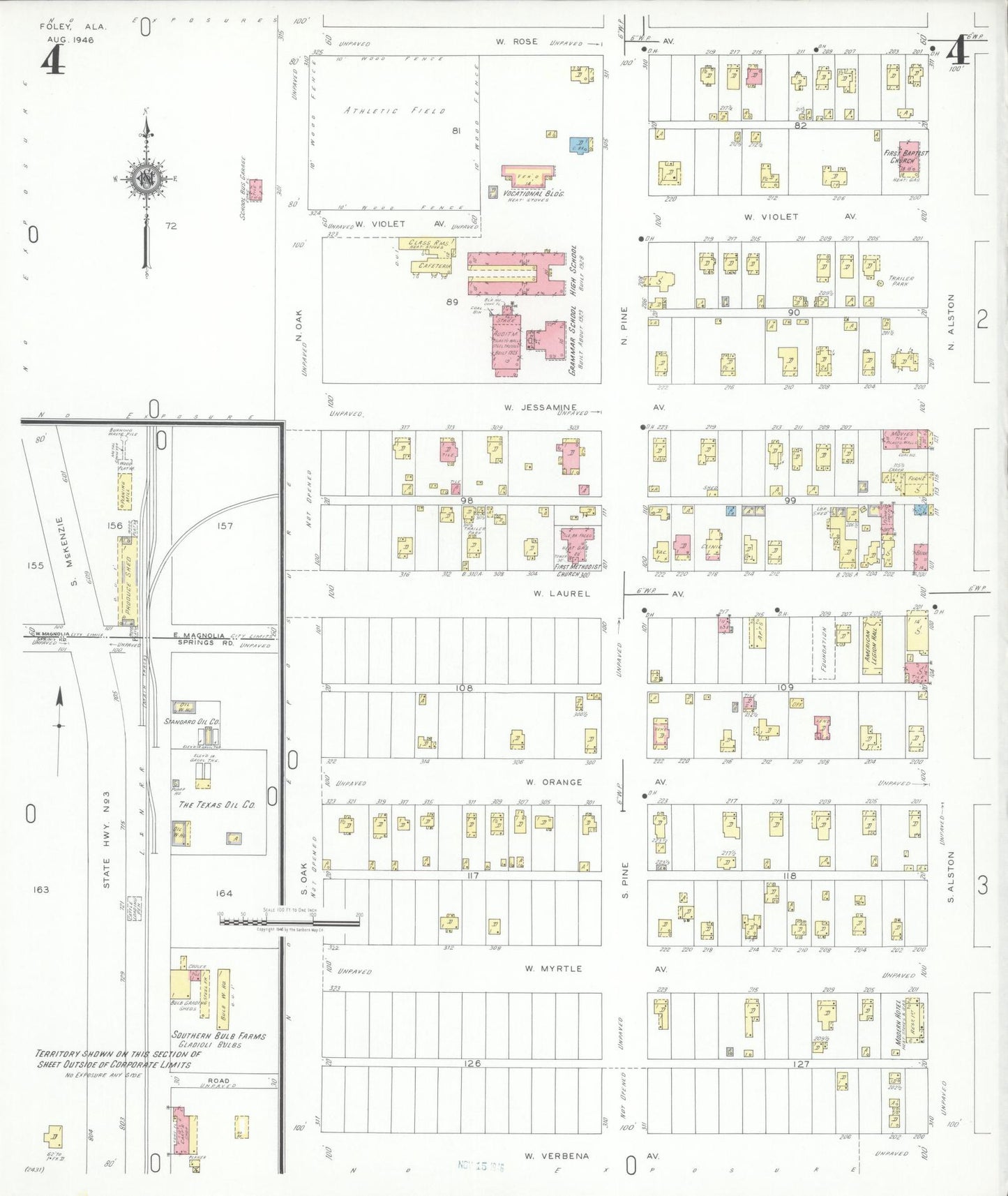 Sanborn Fire Insurance Map from Foley, Baldwin County, Alabama (1946), Sheet #0004 - Historic Sanborn Fire Insurance Map Print, vintage old map wall art, antique decor, genealogy gift, Alabama Alabama map