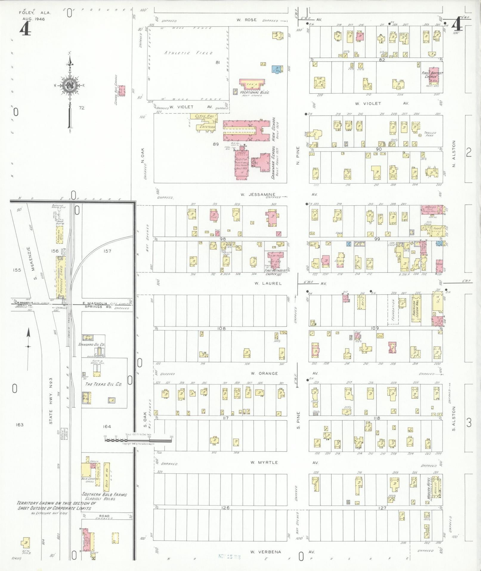 Sanborn Fire Insurance Map from Foley, Baldwin County, Alabama (1946), Sheet #0004 - Historic Sanborn Fire Insurance Map Print, vintage old map wall art, antique decor, genealogy gift, Alabama Alabama map