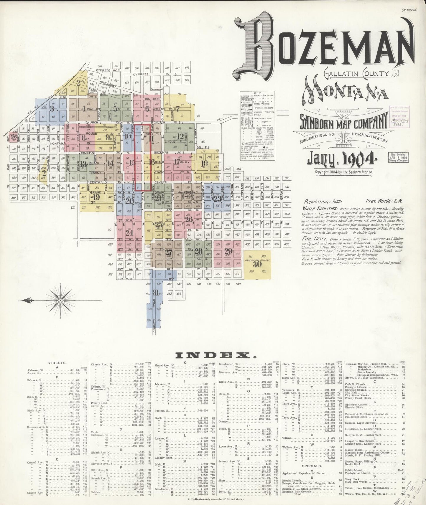 Sanborn Fire Insurance Map from Bozeman, Gallatin County, Montana (1904), Sheet #0001 - Historic Sanborn Fire Insurance Map Print, vintage old map wall art, antique decor, genealogy gift, Montana Montana map