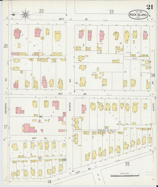 Sanborn Fire Insurance Map from Rock Island, Rock Island County, Illinois (1898), Sheet #0021 - Historic Sanborn Fire Insurance Map Print, vintage old map wall art, antique decor, genealogy gift, Illinois Illinois map