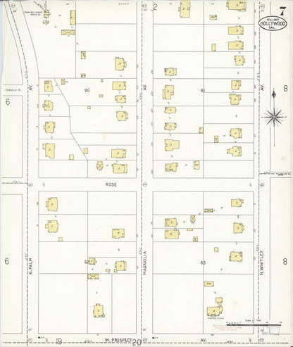 Sanborn Fire Insurance Map from Hollywood, Los Angeles County, California (1907), Sheet #0007 - Complete Map Set gallery image, historic Sanborn map, vintage wall art, California California