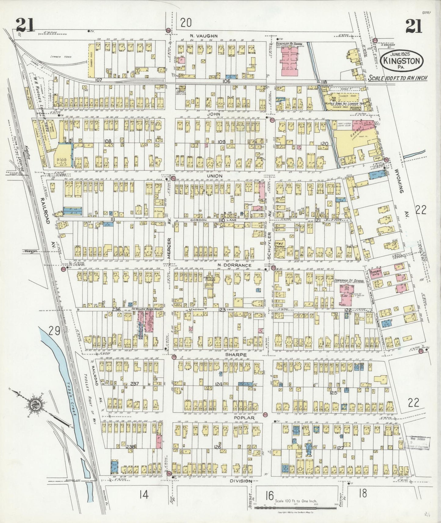 Sanborn Fire Insurance Map from Kingston, Luzerne County, Pennsylvania (1925), Sheet #0021 - Historic Sanborn Fire Insurance Map Print, vintage old map wall art, antique decor, genealogy gift, Pennsylvania Pennsylvania map