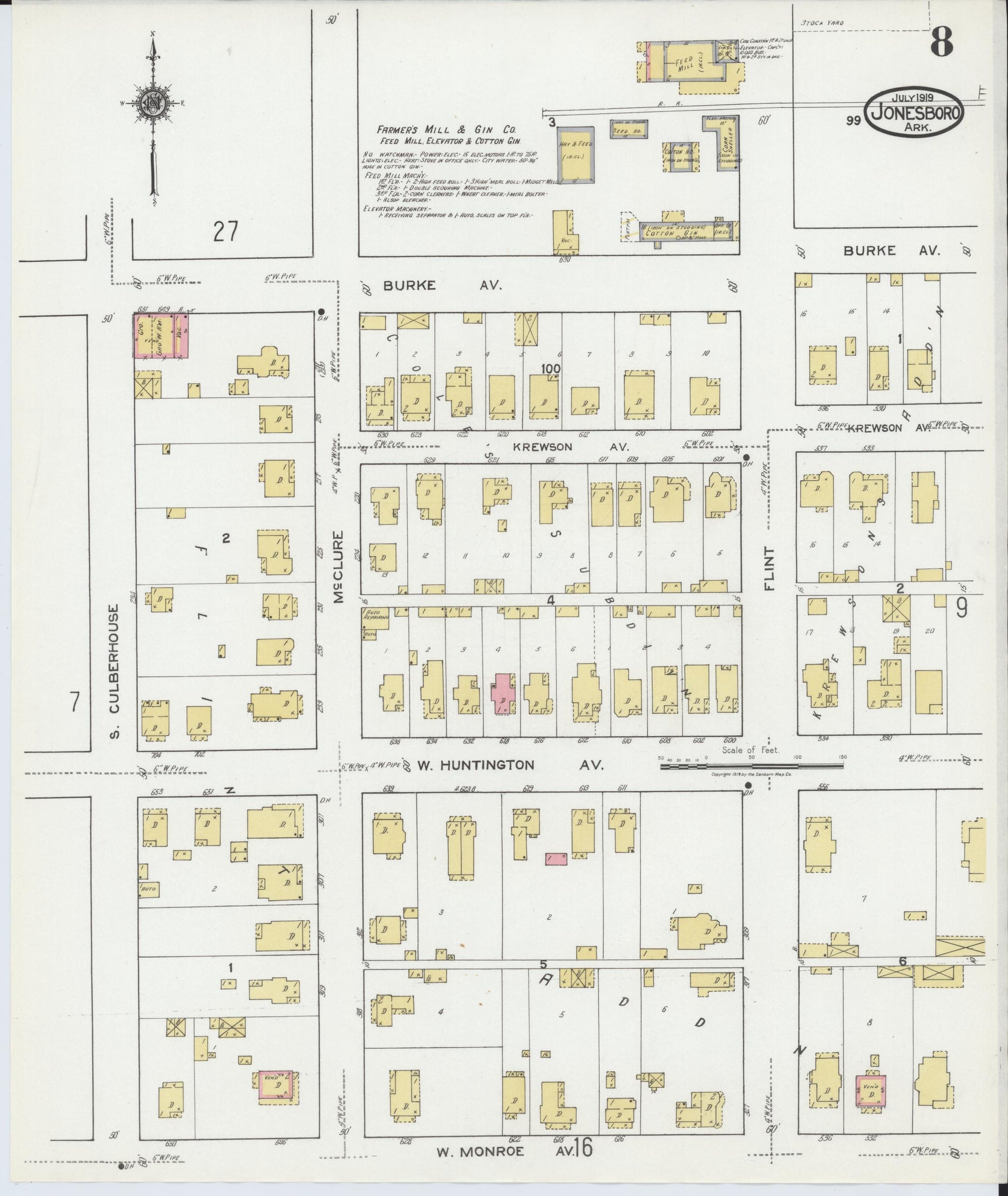 Sanborn Fire Insurance Map from Jonesboro, Craighead County, Arkansas (1919), Sheet #0008 - Complete Map Set gallery image, historic Sanborn map, vintage wall art, Arkansas Arkansas