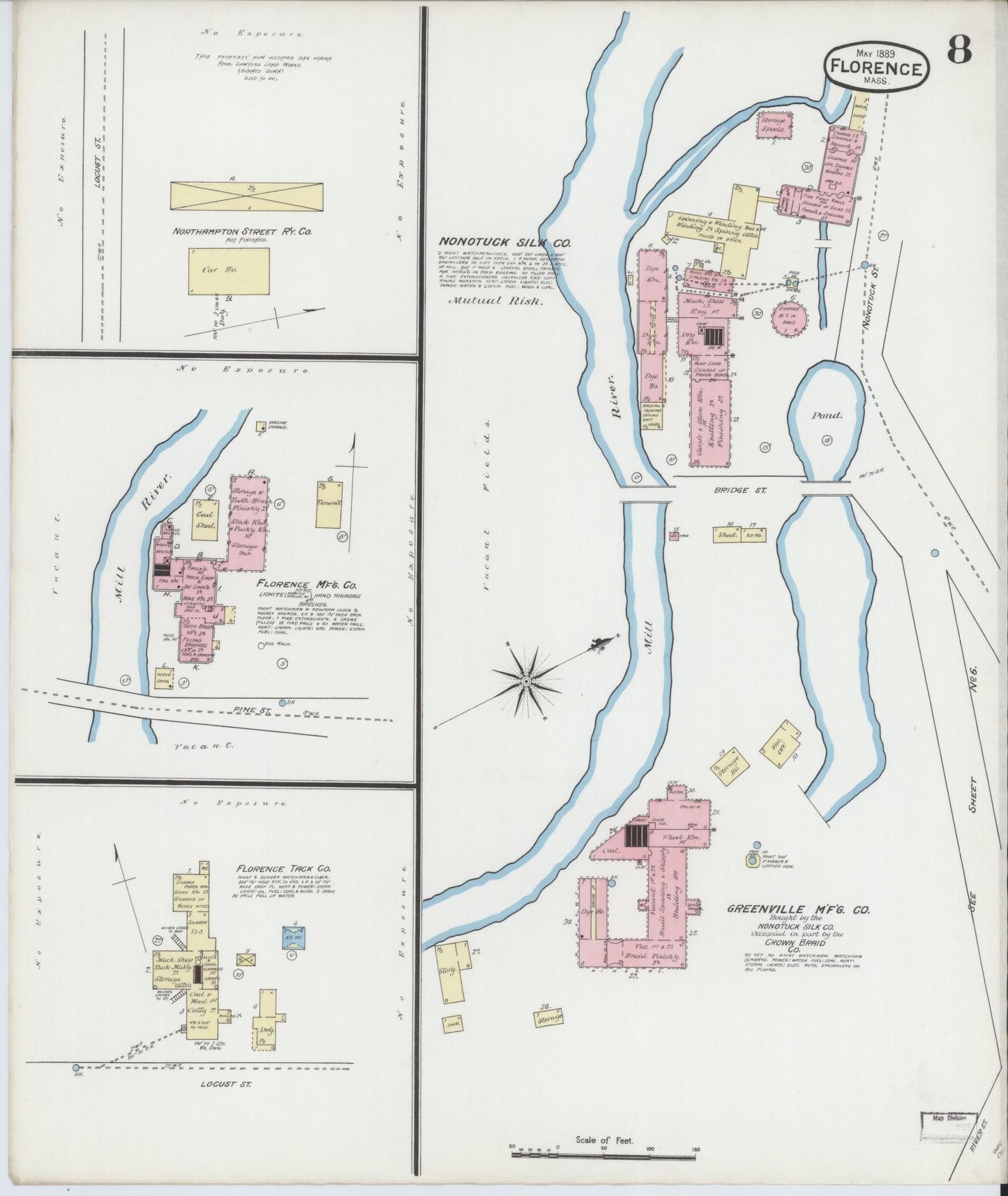 Sanborn Fire Insurance Map from Florence, Hampshire County, Massachusetts (1889), Sheet #0008 - Complete Map Set gallery image, historic Sanborn map, vintage wall art, Massachusetts Massachusetts