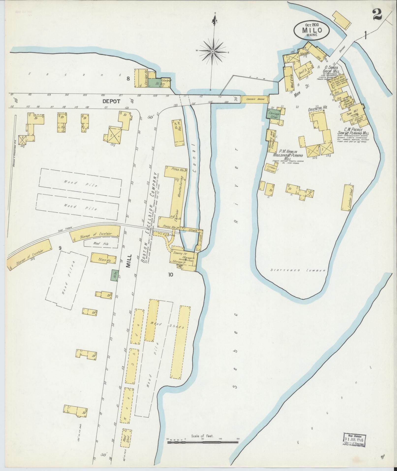 Sanborn Fire Insurance Map from Milo, Piscataquis County, Maine (1900), Sheet #0002 - Historic Sanborn Fire Insurance Map Print, vintage old map wall art, antique decor, genealogy gift, Maine Maine map