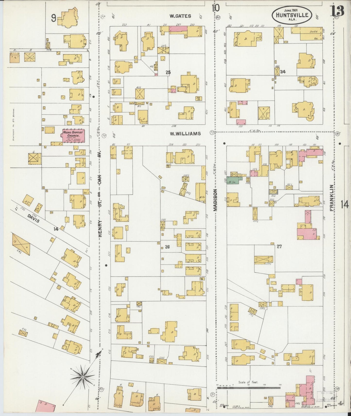 Sanborn Fire Insurance Map from Huntsville, Madison County, Alabama (1901), Sheet #0013 - Complete Map Set gallery image, historic Sanborn map, vintage wall art, Alabama Alabama