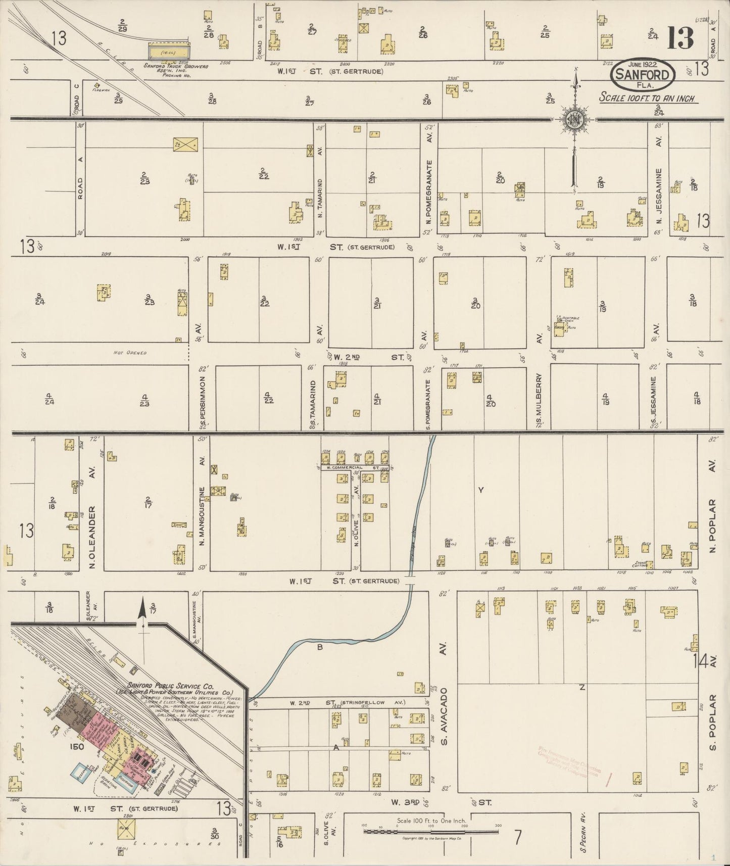 Sanborn Fire Insurance Map from Sanford, Seminole County, Florida (1922), Sheet #0013 - Complete Map Set gallery image, historic Sanborn map, vintage wall art, Florida Florida