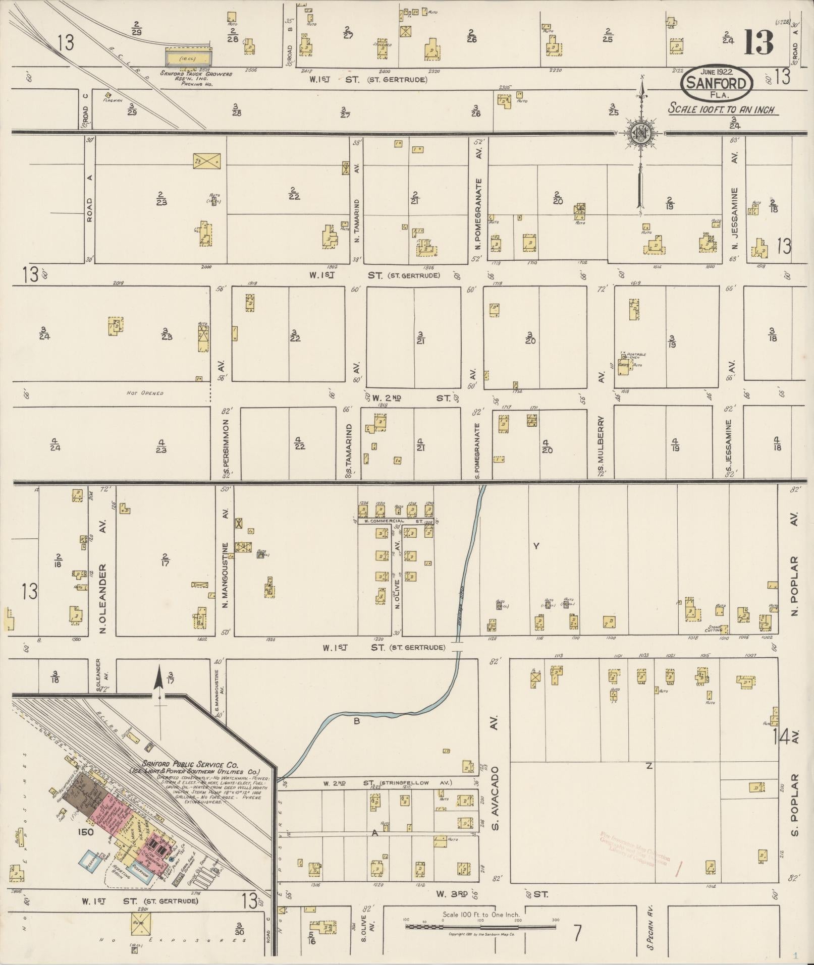 Sanborn Fire Insurance Map from Sanford, Seminole County, Florida (1922), Sheet #0013 - Complete Map Set gallery image, historic Sanborn map, vintage wall art, Florida Florida