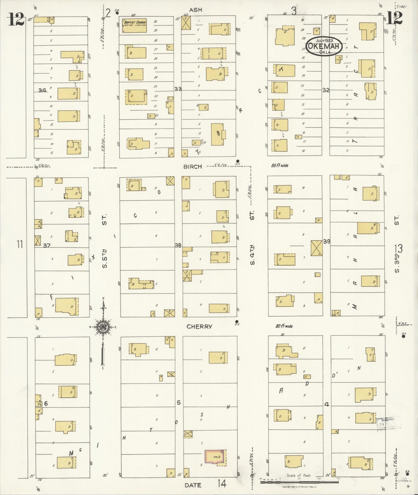 Sanborn Fire Insurance Map from Okemah, Okfuskee County, Oklahoma (1923), Sheet #0012 - Complete Map Set gallery image, historic Sanborn map, vintage wall art, Oklahoma Oklahoma