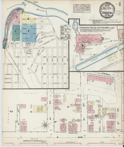 Sanborn Fire Insurance Map from Turners Falls, Franklin County, Massachusetts (1884), Sheet #0001 - Historic Sanborn Fire Insurance Map Print, vintage old map wall art, antique decor, genealogy gift, Massachusetts Massachusetts map