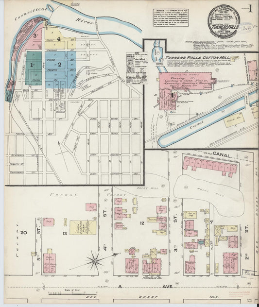 Sanborn Fire Insurance Map from Turners Falls, Franklin County, Massachusetts (1884), Sheet #0001 - Historic Sanborn Fire Insurance Map Print, vintage old map wall art, antique decor, genealogy gift, Massachusetts Massachusetts map