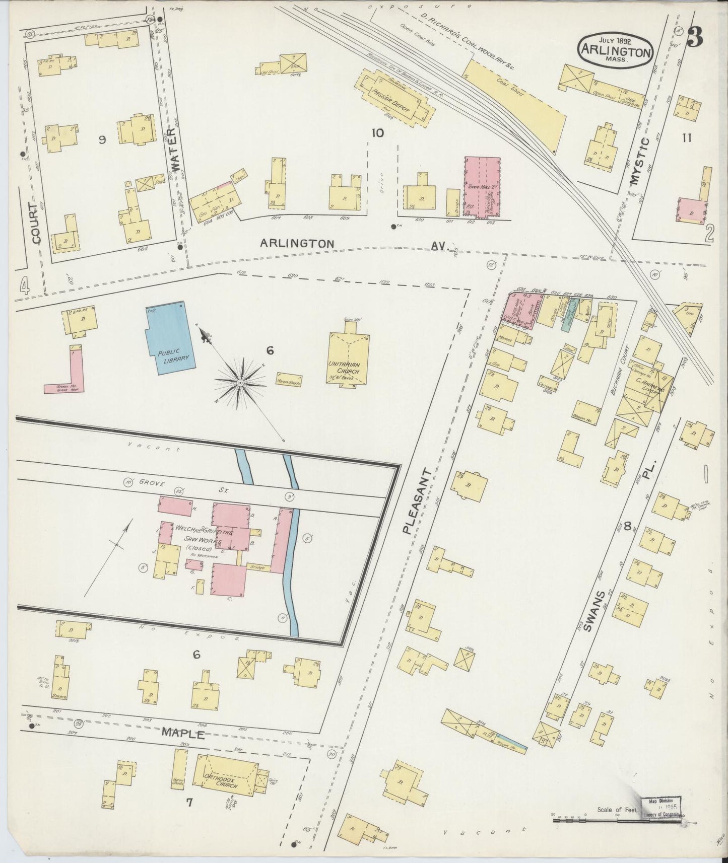 Sanborn Fire Insurance Map from Arlington, Middlesex County, Massachusetts (1892), Sheet #0003 - Complete Map Set gallery image, historic Sanborn map, vintage wall art, Massachusetts Massachusetts