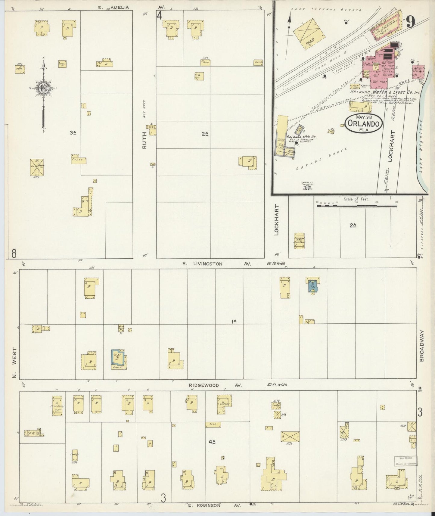 Sanborn Fire Insurance Map from Orlando, Orange County, Florida (1913), Sheet #0009 - Historic Sanborn Fire Insurance Map Print, vintage old map wall art, antique decor, genealogy gift, Florida Florida map