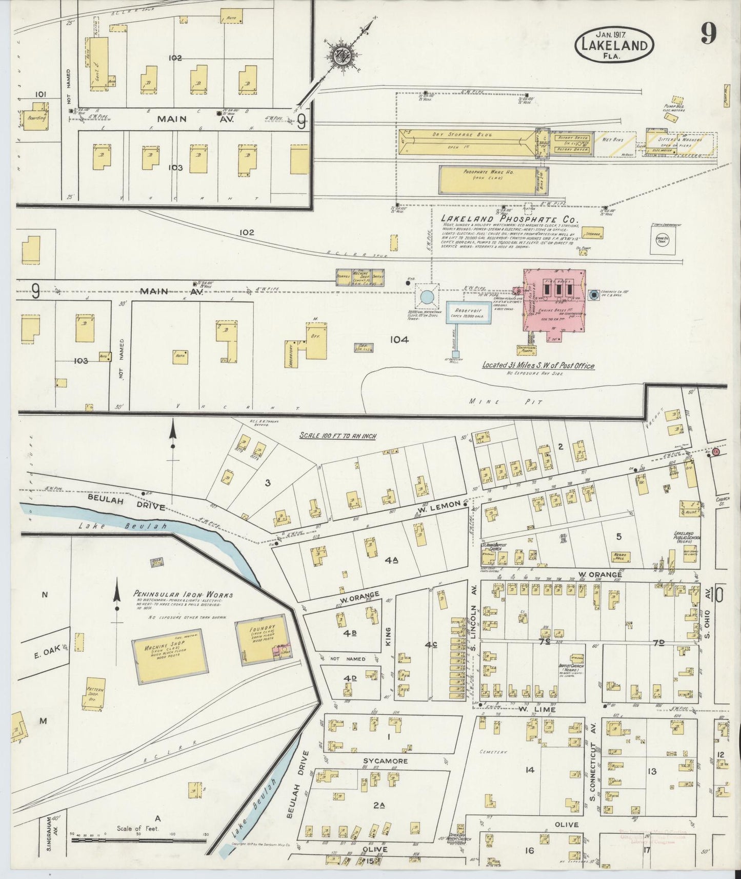 Sanborn Fire Insurance Map from Lakeland, Polk County, Florida (1917), Sheet #0009 - Complete Map Set gallery image, historic Sanborn map, vintage wall art, Florida Florida