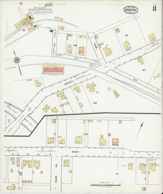 Sanborn Fire Insurance Map from Marion, Smyth County, Virginia (1921), Sheet #0008 - Historic Sanborn Fire Insurance Map Print, vintage old map wall art, antique decor, genealogy gift, Virginia Virginia map