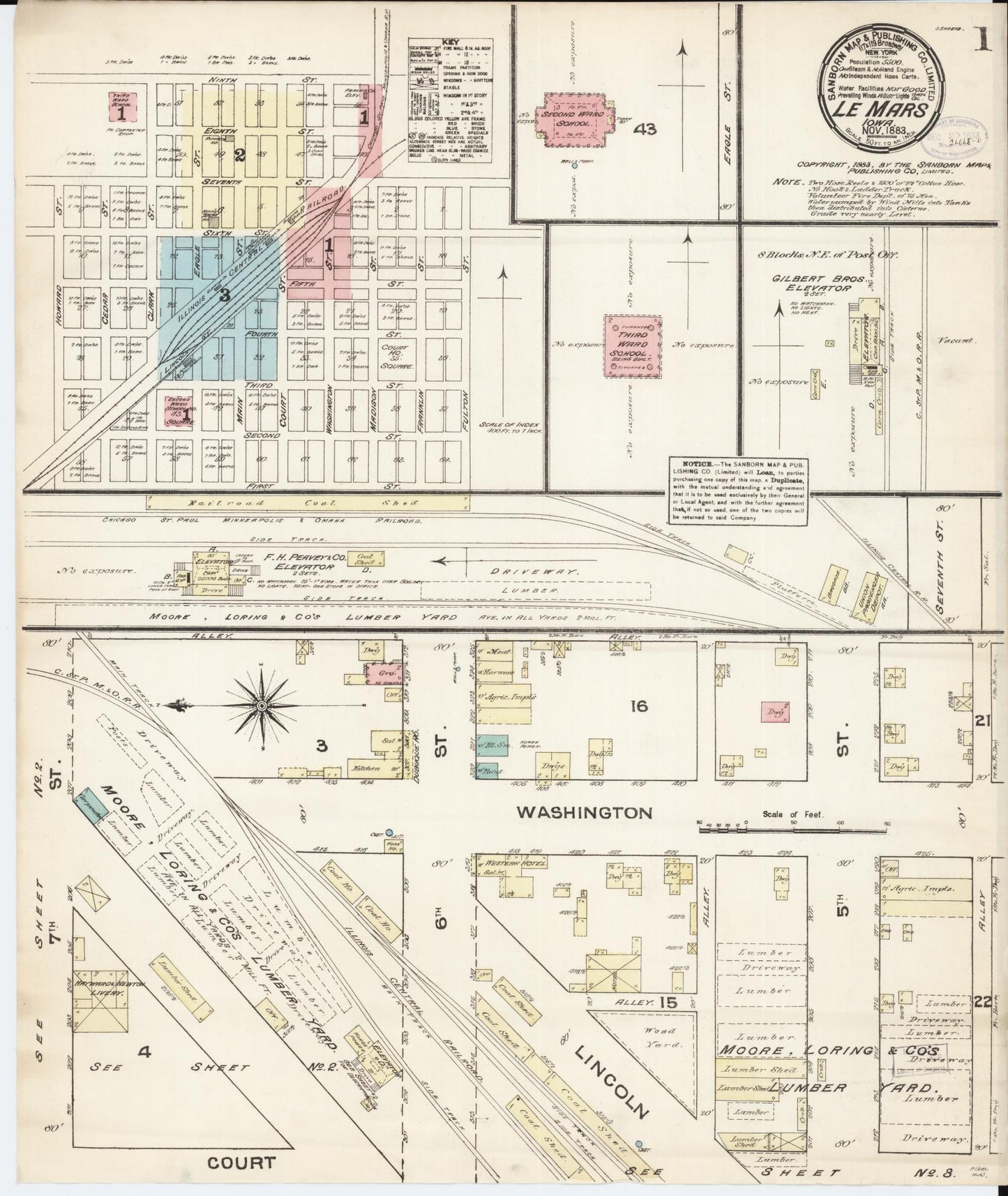 Sanborn Fire Insurance Map from Le Mars, Plymouth County, Iowa (1883), Sheet #0001 - Historic Sanborn Fire Insurance Map Print, vintage old map wall art
