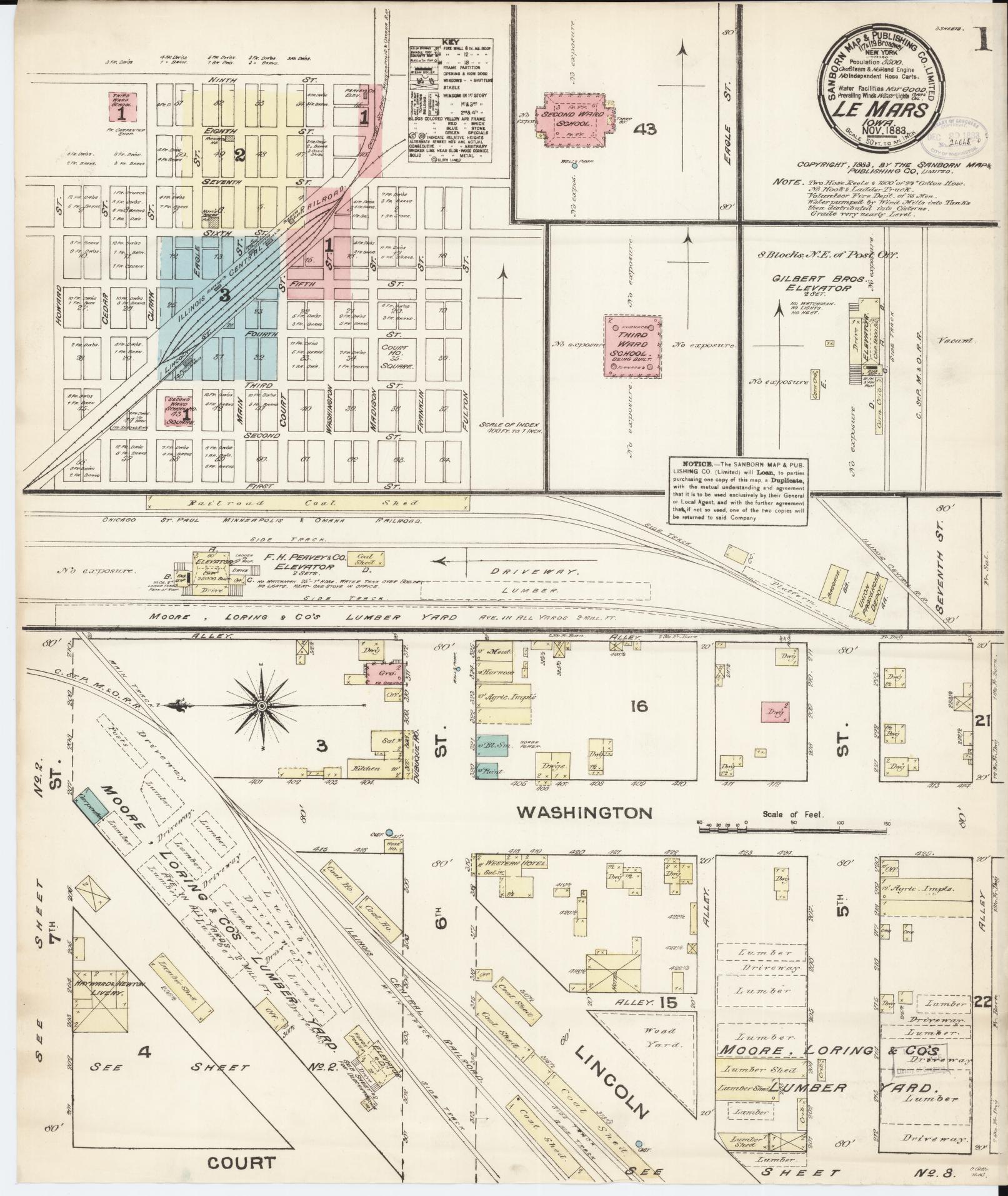 Sanborn Fire Insurance Map from Le Mars, Plymouth County, Iowa (1883), Sheet #0001 - Historic Sanborn Fire Insurance Map Print, vintage old map wall art