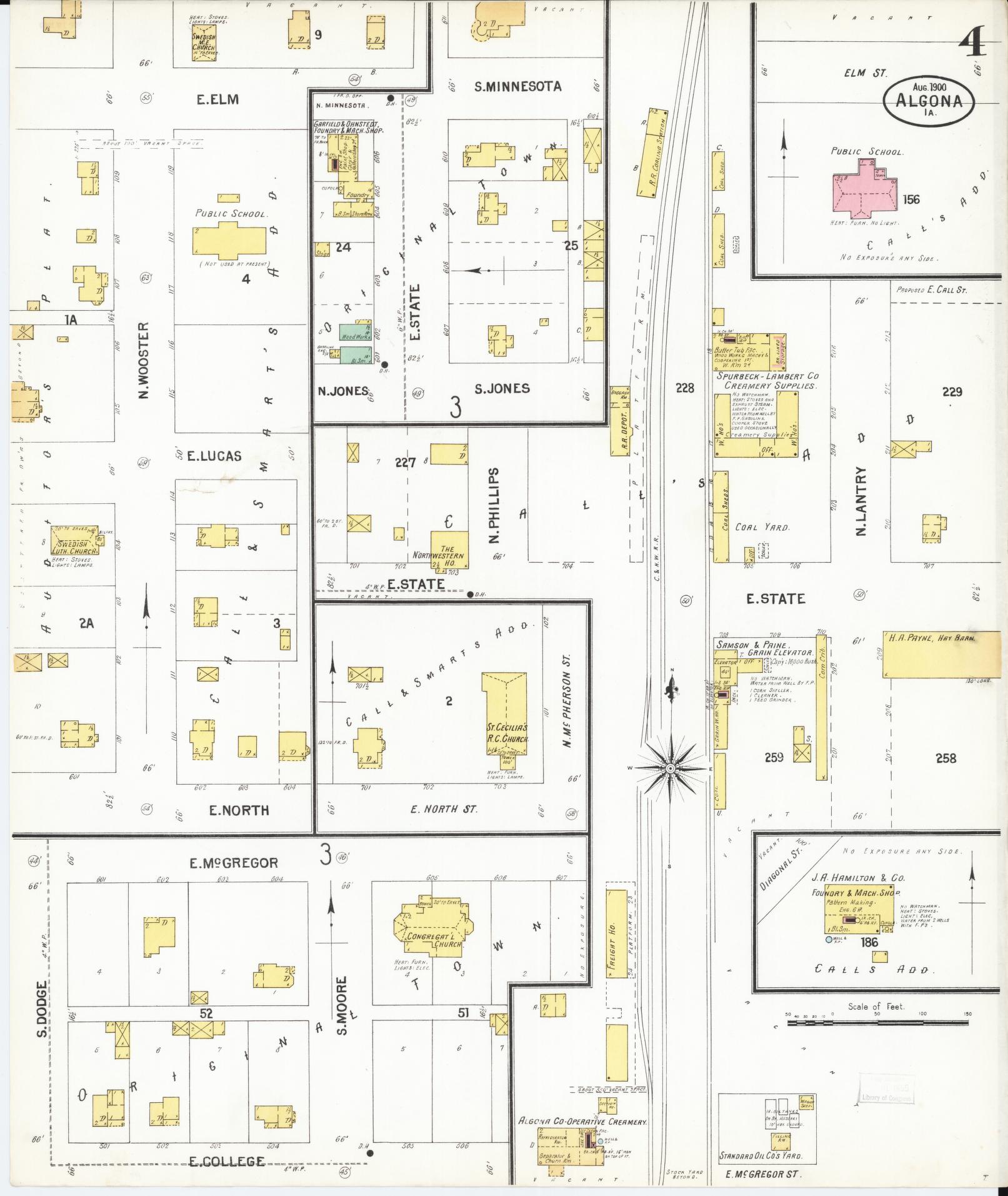 Sanborn Fire Insurance Map from Algona, Kossuth County, Iowa (1900), Sheet #0004 - Historic Sanborn Fire Insurance Map Print, vintage old map wall art