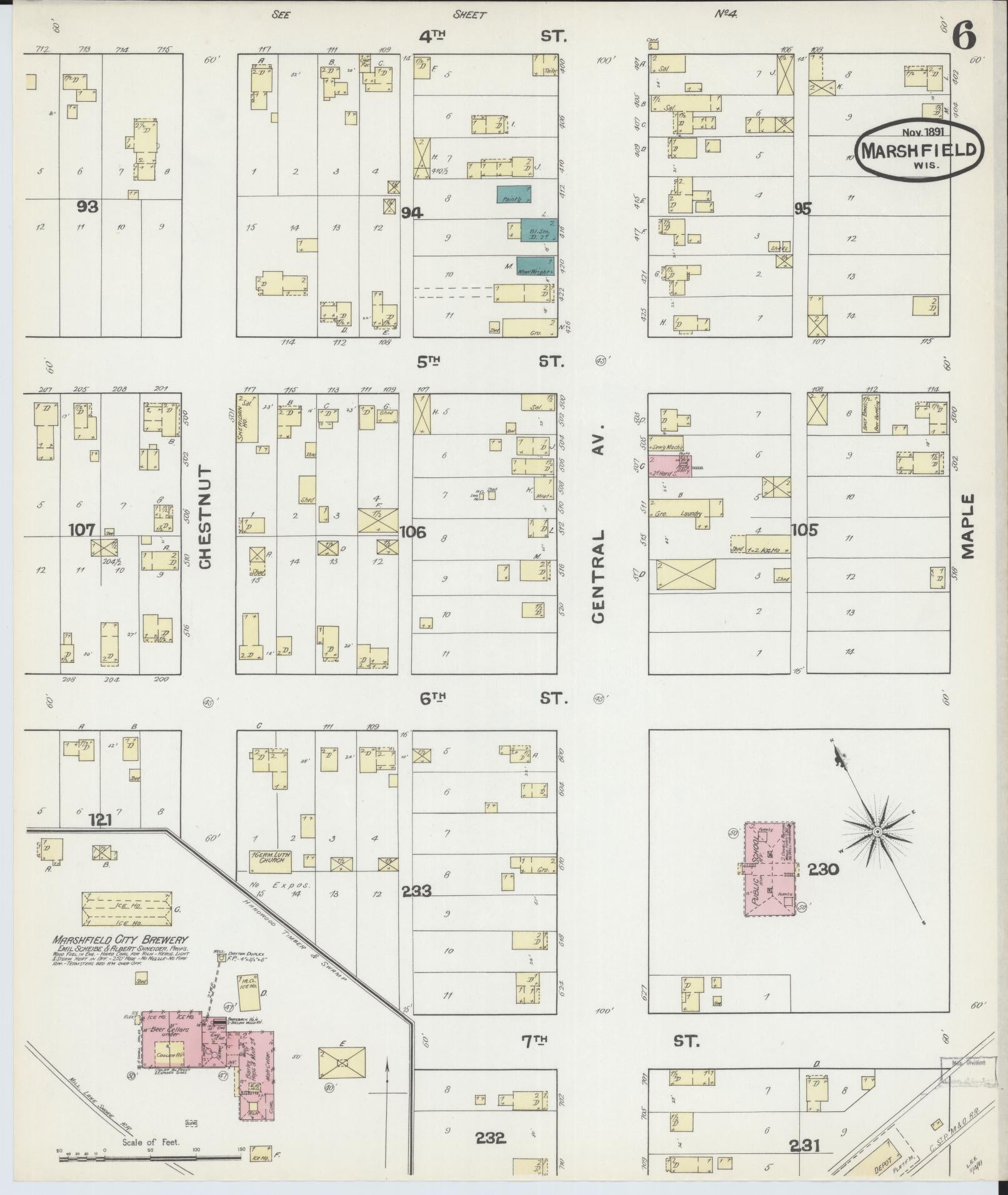 Sanborn Fire Insurance Map from Marshfield, Wood County, Wisconsin (1891), Sheet #0006 - Complete Map Set gallery image, historic Sanborn map, vintage wall art, Wisconsin Wisconsin