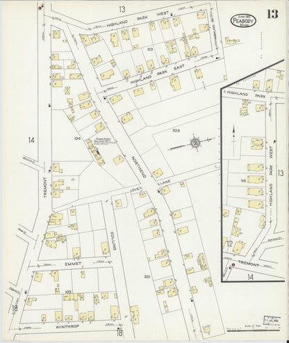Sanborn Fire Insurance Map from Peabody, Essex County, Massachusetts (1914), Sheet #0013 - Complete Map Set gallery image, historic Sanborn map, vintage wall art, Massachusetts Massachusetts