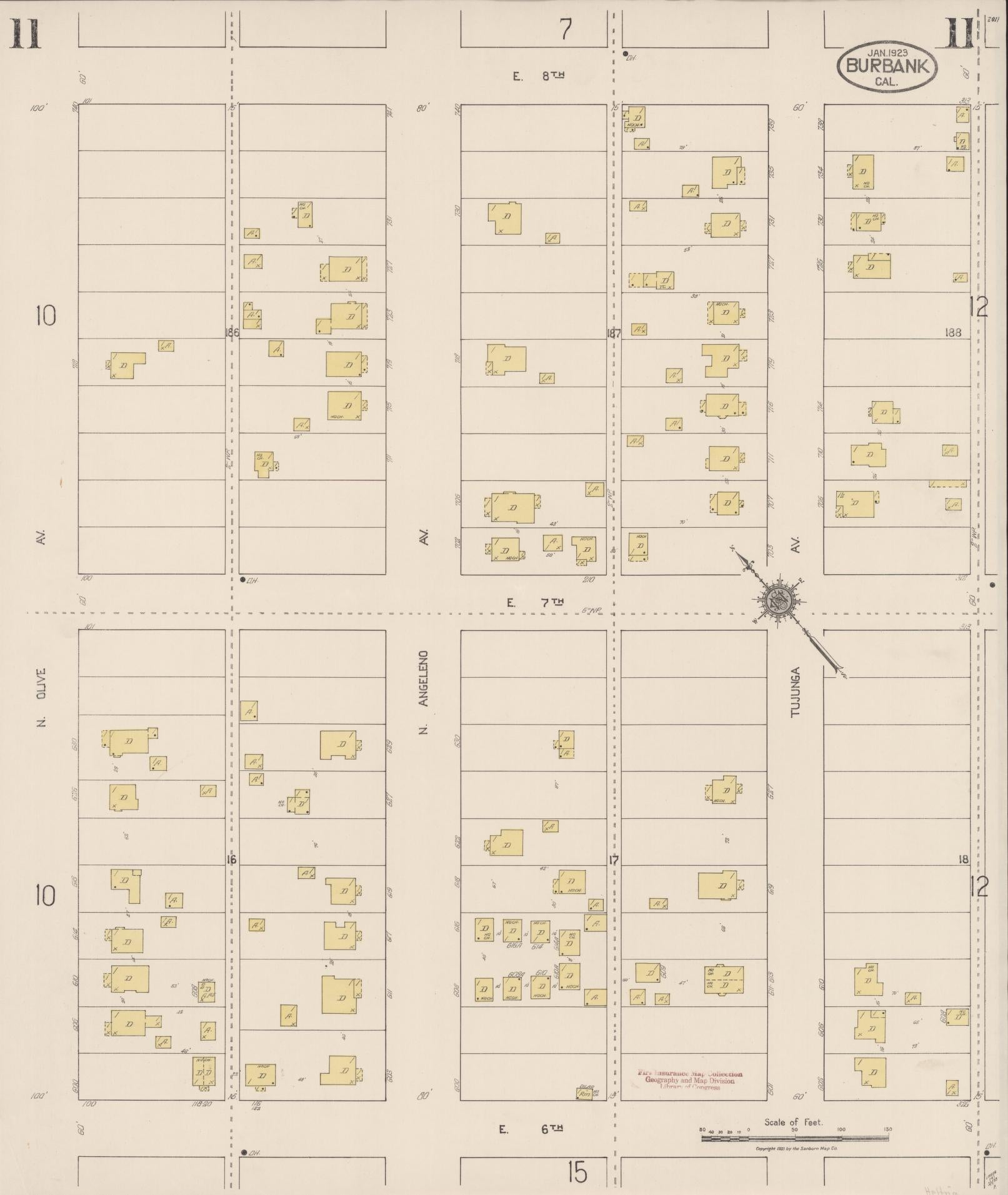 Sanborn Fire Insurance Map from Burbank, Los Angeles County, California (1923), Sheet #0011 - Complete Map Set gallery image, historic Sanborn map, vintage wall art, California California